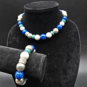 Liz Claiborne Blue Silver Tone Beaded Necklace Bracelet Set Vintage With Tag